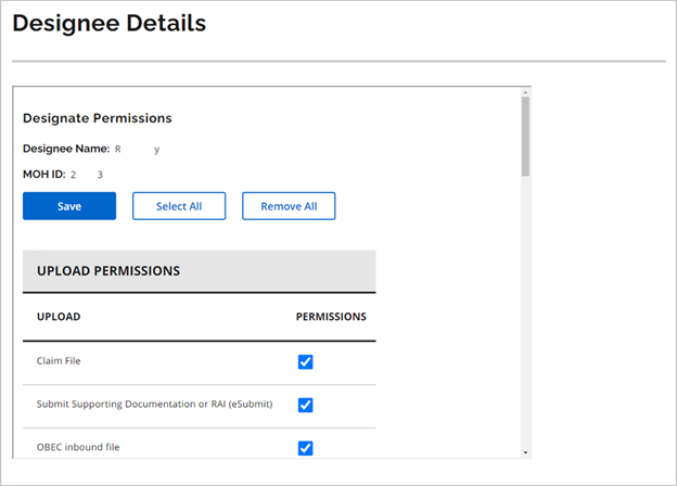 Screenshot of the MCEDT Designee permissions page that has been updated to include a blue save button to save the currently selected permissions at the top of the page.