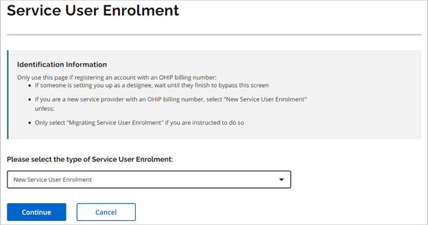 Screenshot that informs the user that selects if they are a New or Migrating user now provides an explanation of when to select the various options as well as a clarification that if the user will only be a designee, such as a billing agent, they do not need to select either option.