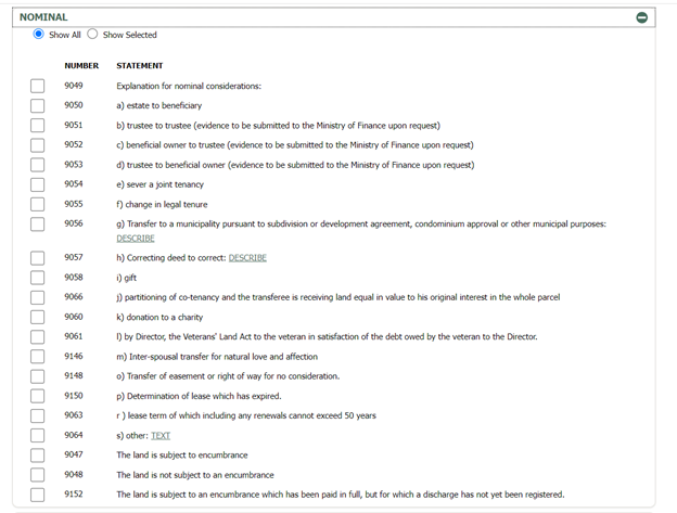 nominal consideration statements