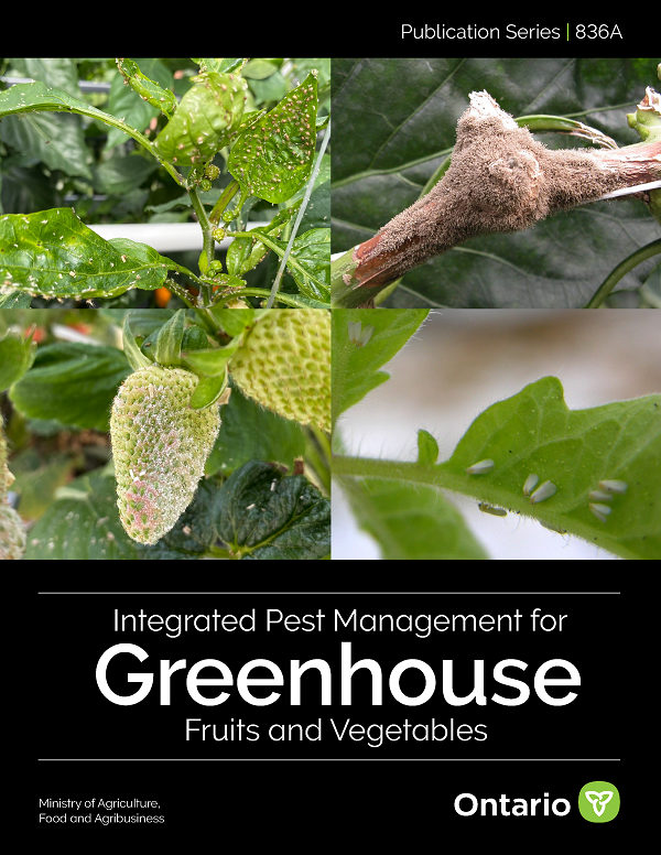 Cover of Integrated Pest Management for Greenhouse Fruits and Vegetables showing various plant pests and diseases.