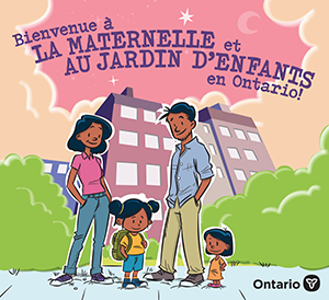 Page couverture du livre «&nbsp;Bienvenue à la maternelle et au jardin d’enfants en Ontario!&nbsp;», qui présente sous forme de dessin une élève prête pour la maternelle et le jardin d’enfants et sa famille, debout sur le trottoir.
