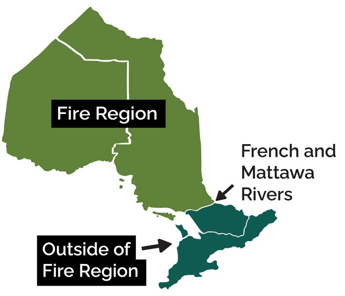 Fire reporting map shows to report forest fires in the fire region north of the Mattawa and French rivers by calling 310-3473 and to report forest fires in the fire region south of the Mattawa and French rivers by calling 911.