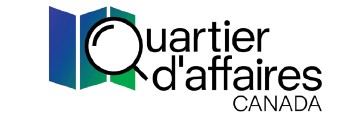 Quartier d’affaires Canada logo: stylized open book in blue and green with a black magnifying glass overlay, accompanied by the text ‘Quartier d’affaires CANADA’ in black.”