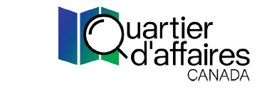 Logo de Quartier d’affaires Canada : représentation stylisée d’un livre ouvert aux pages bleu et vert, sur lequel est superposée une loupe noire, suivie du texte “Quartier d’affaires CANADA” en caractères noirs