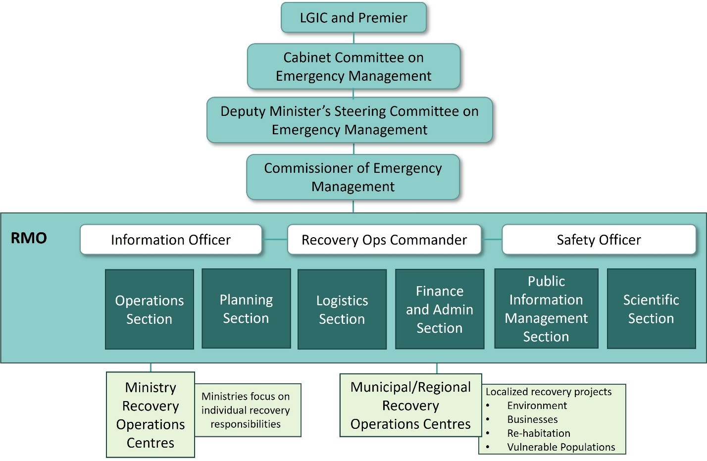 This diagram illustrates the Recovery Management Organization (RMO) structure during full activation. A detailed description of the diagram follows the image. 