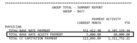 Table showing Group Total Summary Report highliting base acuity payment values