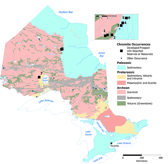 Map of chromite occurrences in Ontario