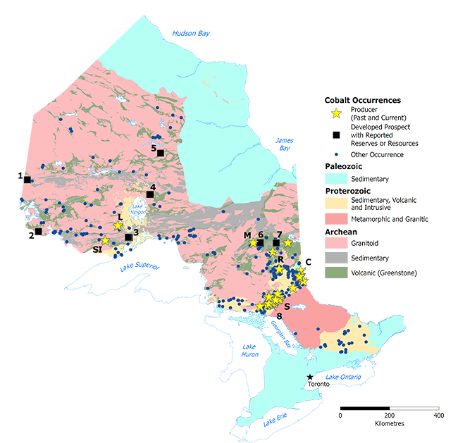 Map of cobalt occurrences in Ontario