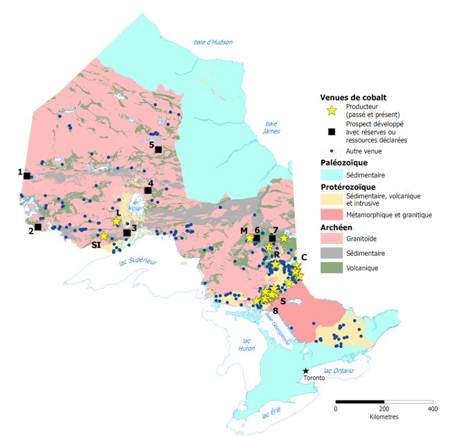Carte des occurrences de cobalt en Ontario