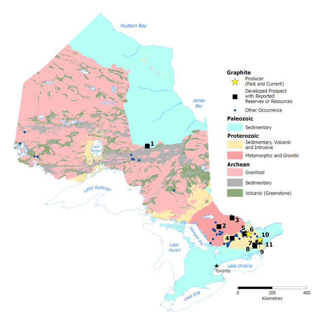 Map of graphite occurrences in Ontario