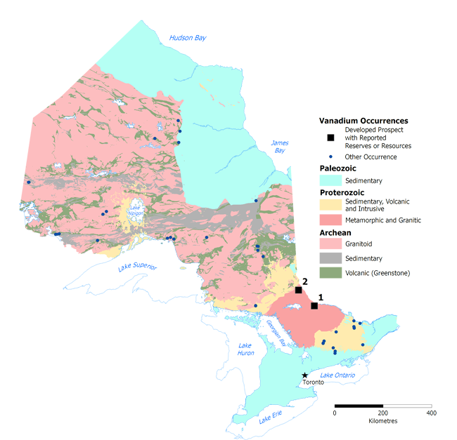 Map of vanadium occurrences in Ontario