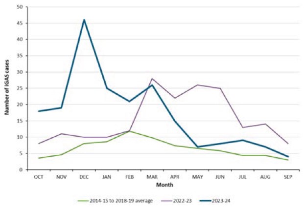 Confirmed iGAS case counts by month in children 0-17 years, 2014-2024