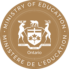 Image of circular seal for the Ministry of Education in Ontario. The outer ring reads 'MINISTRY OF EDUCATION' at the top and 'MINISTÈRE DE L'ÉDUCATION' at the bottom. Inside, a shield with three maple leaves and a bear on top is flanked by two upright deer. A banner below the shield displays the Latin motto 'UT INCEPIT FIDELIS SIC PERMANET.' The word 'Ontario' appears at the bottom.