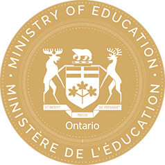 Image of circular seal for the Ministry of Education in Ontario. The outer ring reads 'MINISTRY OF EDUCATION' at the top and 'MINISTÈRE DE L'ÉDUCATION' at the bottom. Inside, a shield with three maple leaves and a bear on top is flanked by two upright deer. A banner below the shield displays the Latin motto 'UT INCEPIT FIDELIS SIC PERMANET.' The word 'Ontario' appears at the bottom.