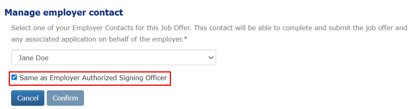 Screenshot illustrating the Same as Employer Authorized Signing Officer checkbox highlighted. 