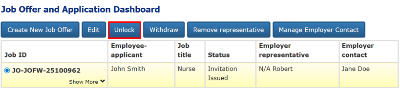 Screenshot illustrating the Job Offer and Application dashboard with the Unlock button highlighted. 