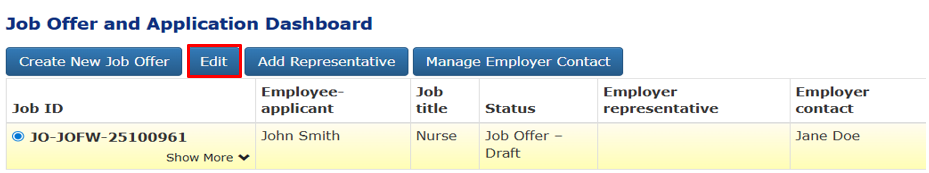 Screenshot illustrating the Job Offer and Application Dashboard with the edit button highlighted. 
