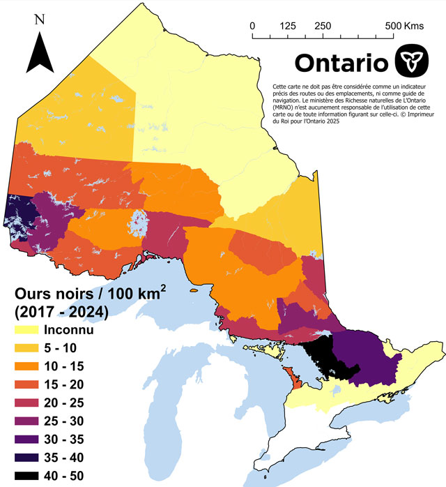 Carte de densité des populations d’ours noir en Ontario indiquant que les plus fortes densités d’ours noir se trouvent à l’est de la baie Georgienne et dans la région du Lac des Bois, dans le Nord-Ouest de l’Ontario. 