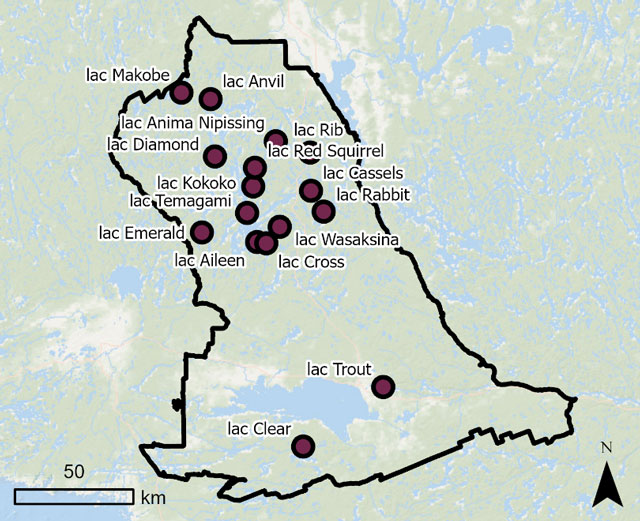 Carte de la Zone de gestion des pêches 11 montrant les lacs abritant du touladi.