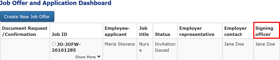 Screenshot illustrating the Signing Officer column in the Job Offer and Application Dashboard. 