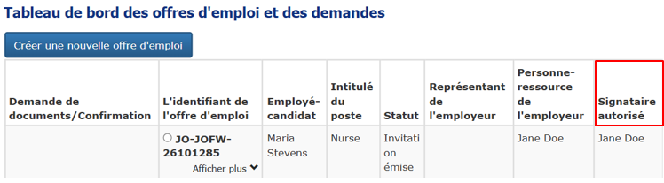 Saisie d’écran illustrant la colonne Signataire autorisé dans le Tableau de bord des offres d’emploi et des demandes.   