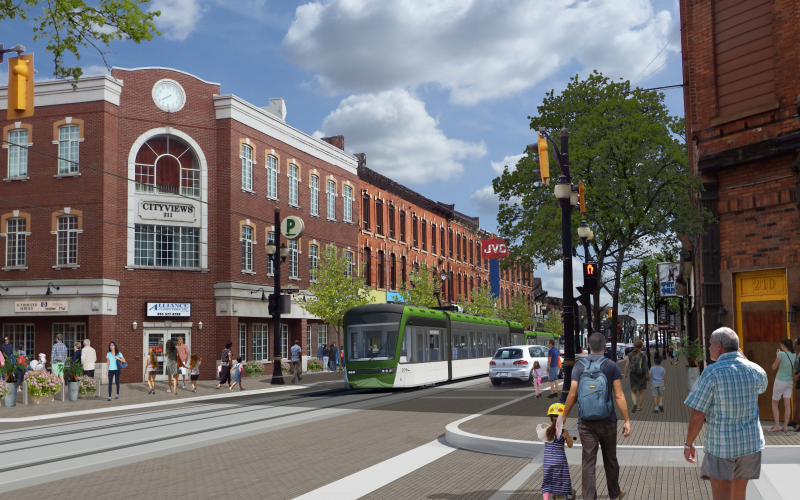 Developer rendering of the Hamilton LRT on a city street.