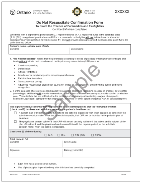 Sample MOH DNR Confirmation Form