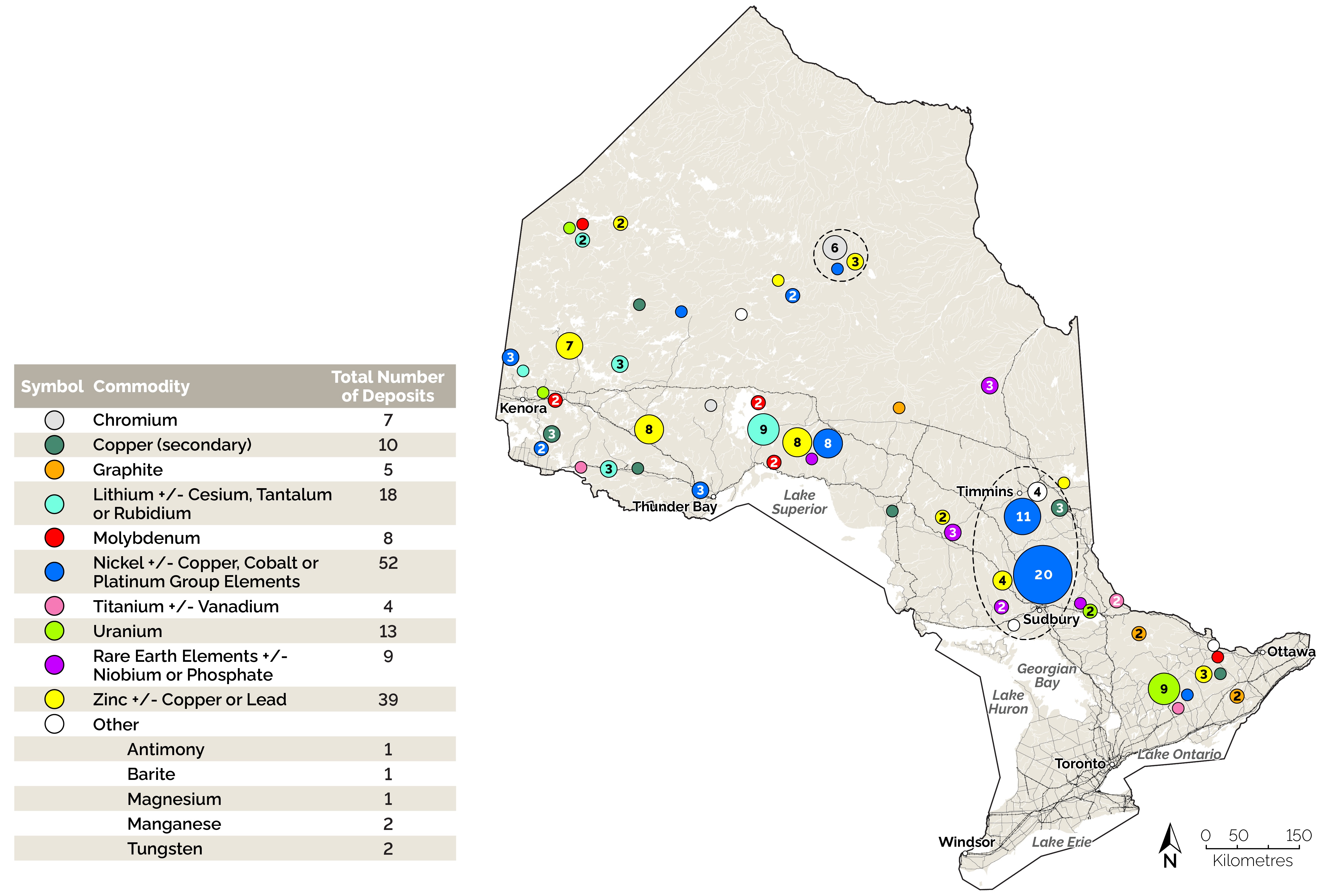 This map shows the number of critical mineral deposits with defined resources in Ontario. Long description below.
