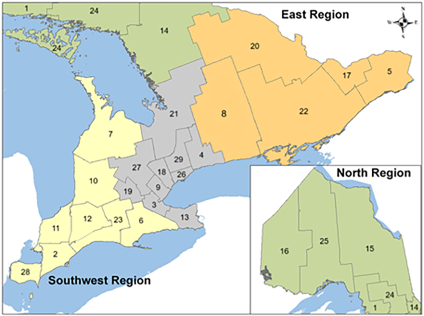 A map of Ontario showing the regions eligible for the Ontario Learn and Stay Grant. The regions are categorized as the "East Region", "North Region" and "Southwest Region." Numbers are shown in each of the three regions in the map that correspond with the regions listed in the text description.