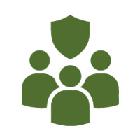 An Illustrated icon with a shield and 3 people gathered together below.