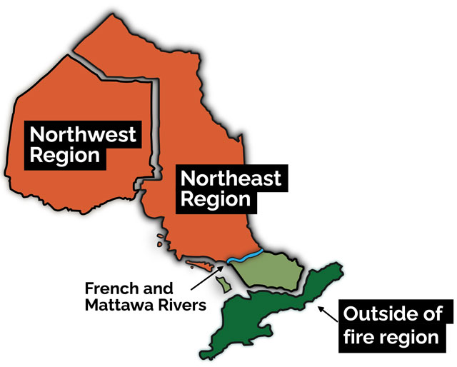 Fire reporting map shows to report forest fires in the fire region north of the Mattawa and French rivers by calling 310-3473 and to report forest fires in the fire region south of the Mattawa and French rivers by calling 911.