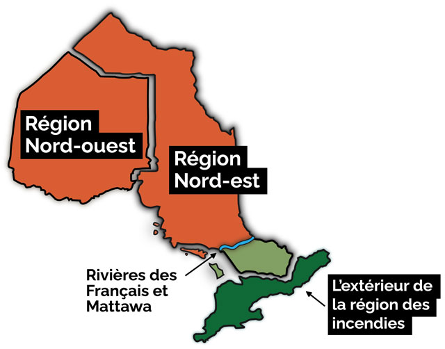 La carte de signalement des incendies de végétation indique de signaler un incendie au nord des rivières Mattawa et des Français en composant le 310-3473. Pour signaler un incendie au sud des rivières Mattawa et des Français, il faut composer le 911.