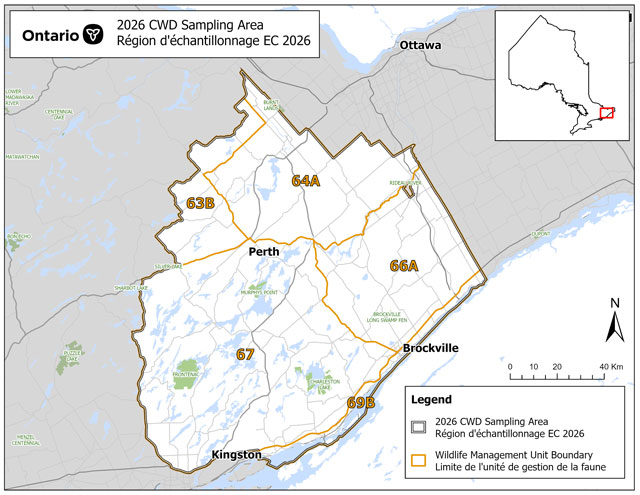Carte de l’aire d’échantillonnage de l’encéphalopathie des cervidés dans le Est de l’Ontario en 2026.