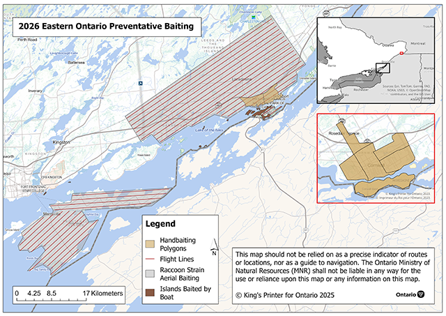 Map of planned 2026 rabies prevention operations in Eastern Ontario