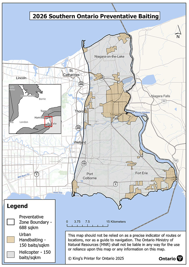 Map of planned 2026 rabies prevention operations in Southern Ontario