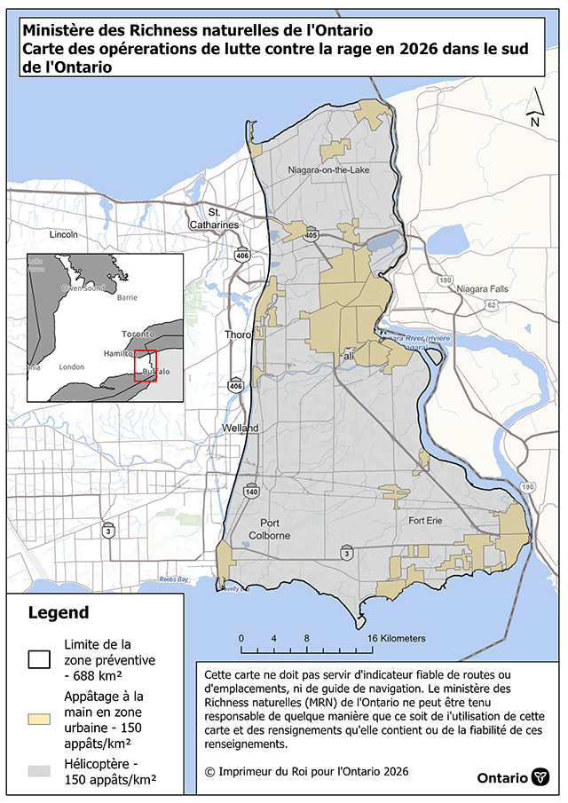 Carte des activités de prévention de la rage prévues en 2026 dans le Sud de l’Ontario. 