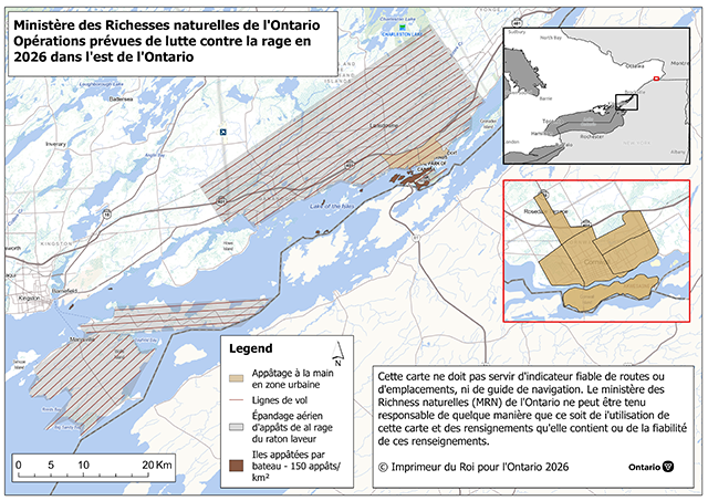 Carte des opérations de prévention de la rage en 2026 dans l’est de l’Ontario