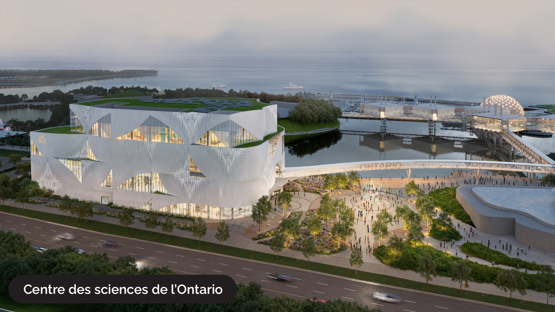 Centre des sciences de l’Ontario — nouveau bâtiment, entrée principale avec atrium.