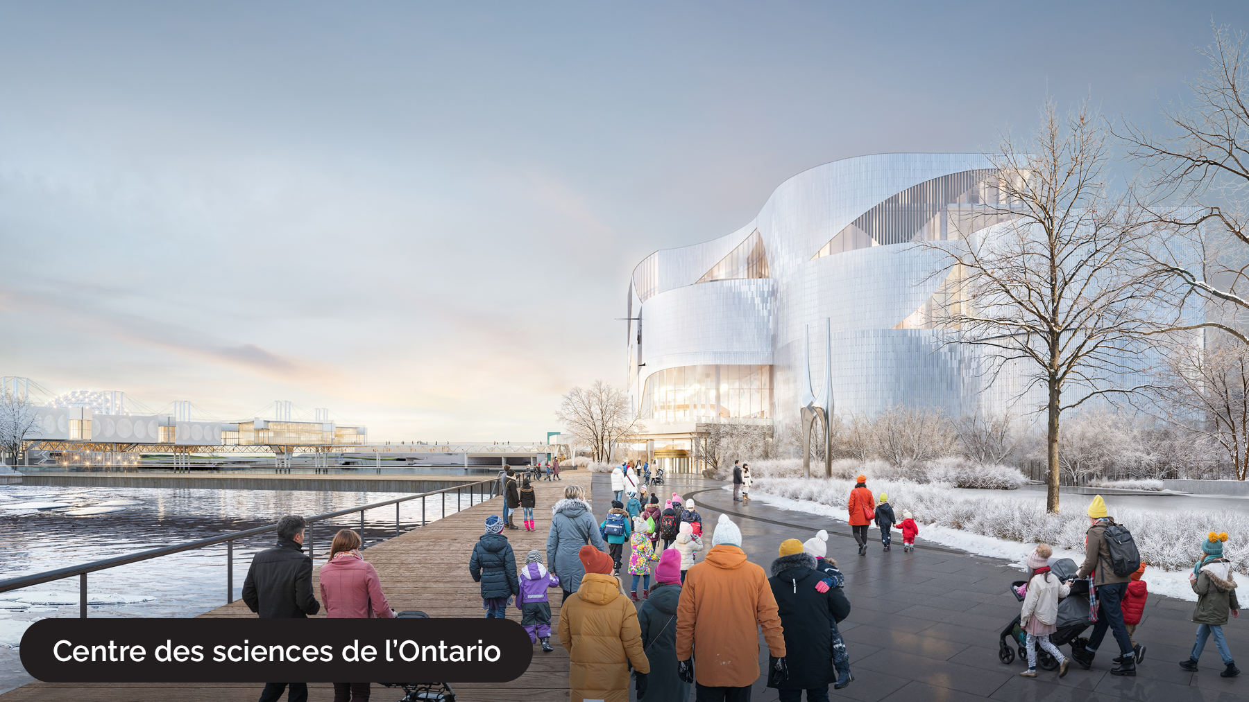 Centre des sciences de l’Ontario — nouveau bâtiment, côté sud, vue vers le nord à travers l’eau.
