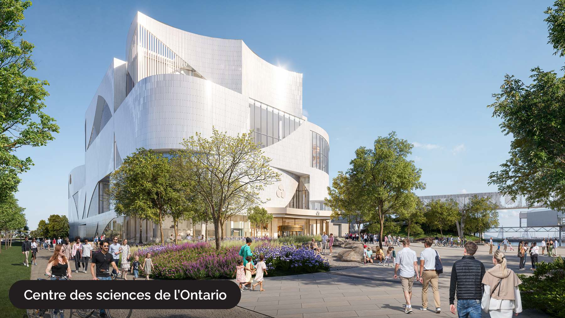 Centre des sciences de l’Ontario — nouveau bâtiment, côté sud, vue vers le nord à travers l’eau.