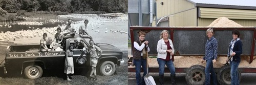 Two side-by-side photos of the original founds and the current leaders of King Cole Ducks. 