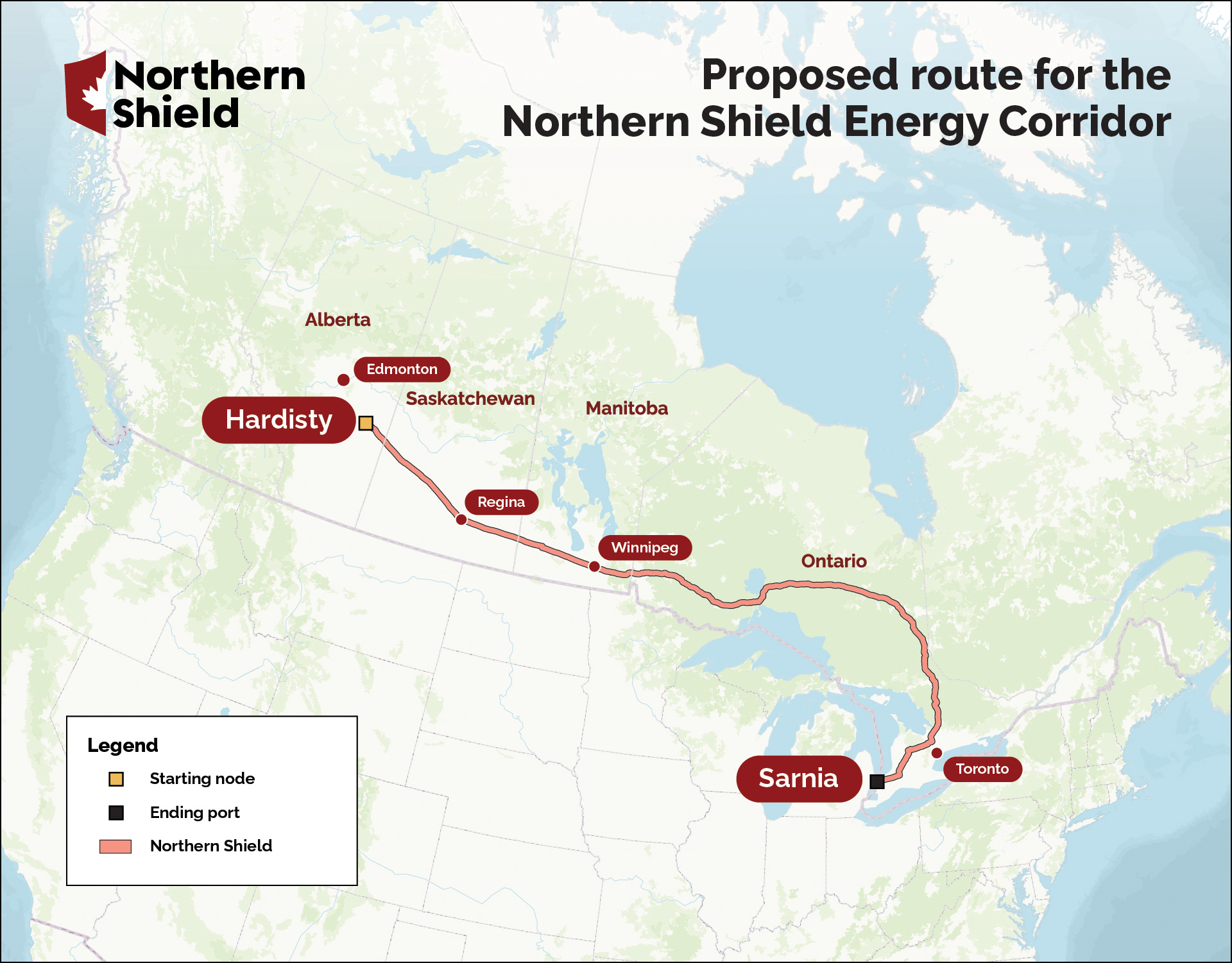 A map showing the proposed route for the Northern Shield Energy Corridor, traveling east from Hardisty, Alberta to Sarnia, Ontario.