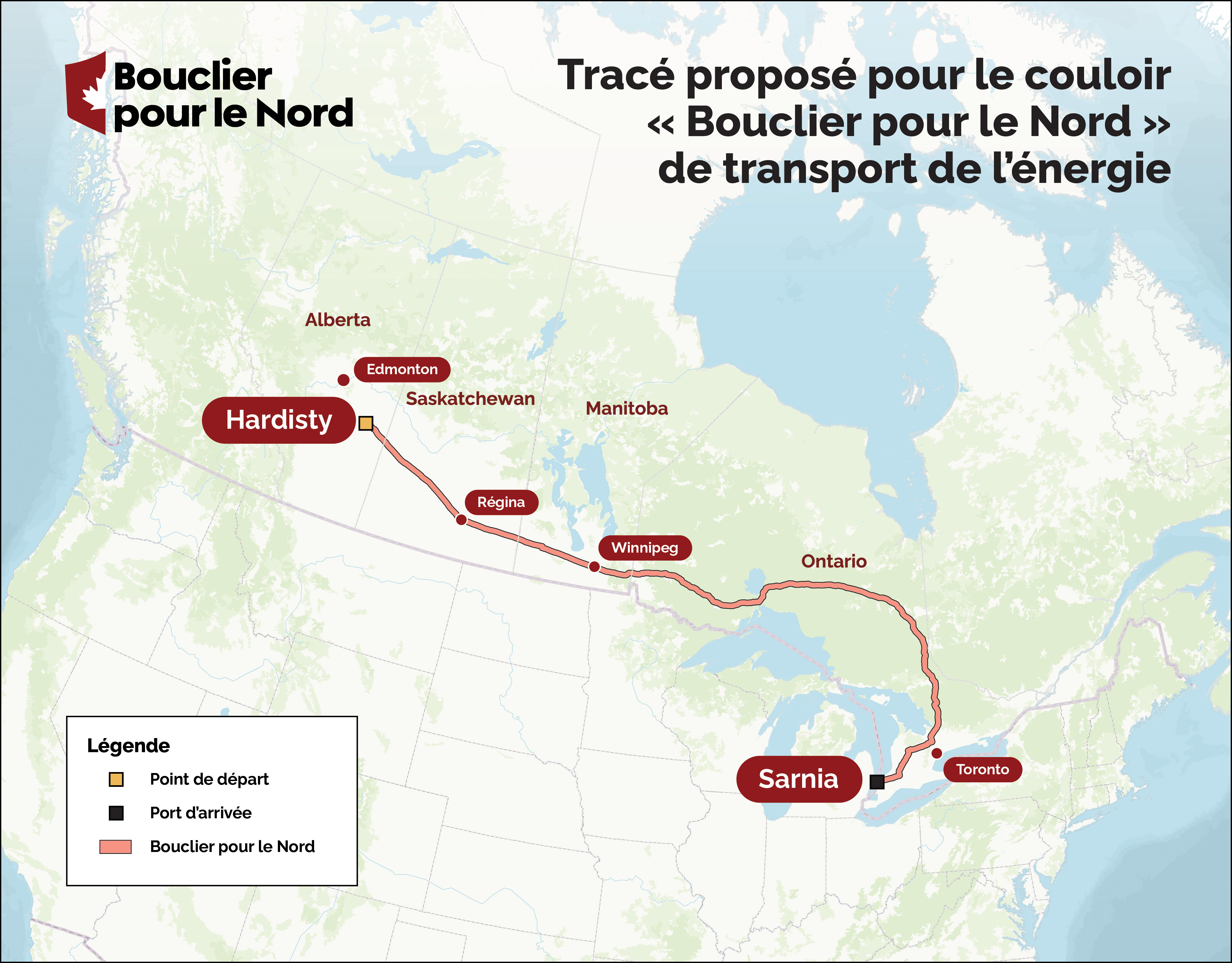 Carte illustrant le tracé proposé du corridor énergétique du Bouclier pour le Nord, s’étendant vers l’est de Hardisty (Alberta) à Sarnia (Ontario).