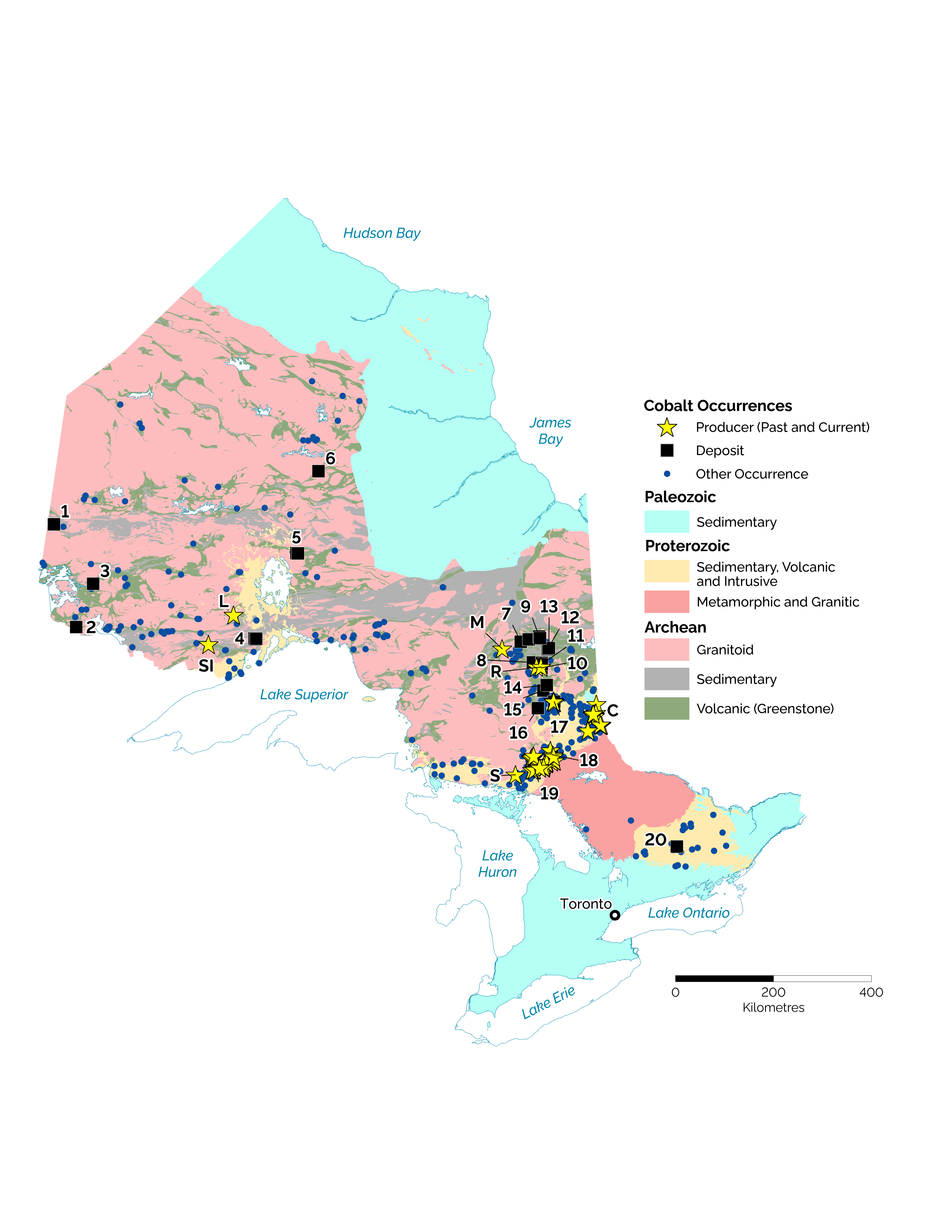 Map of cobalt occurences in Ontario
