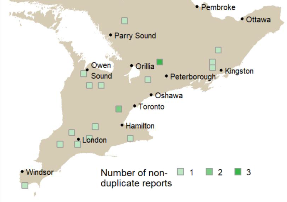 Southern Ontario domesticated pig sighting locations.