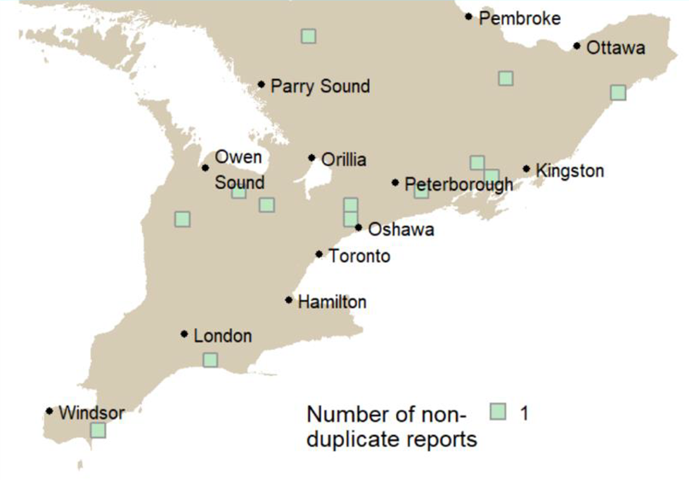 Southern Ontario pot bellied pig sighting locations.