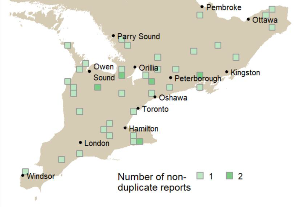 Southern Ontario unknown pig sighting locations.
