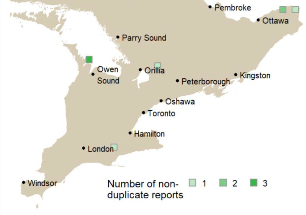 Southern Ontario wild boar sighting locations.