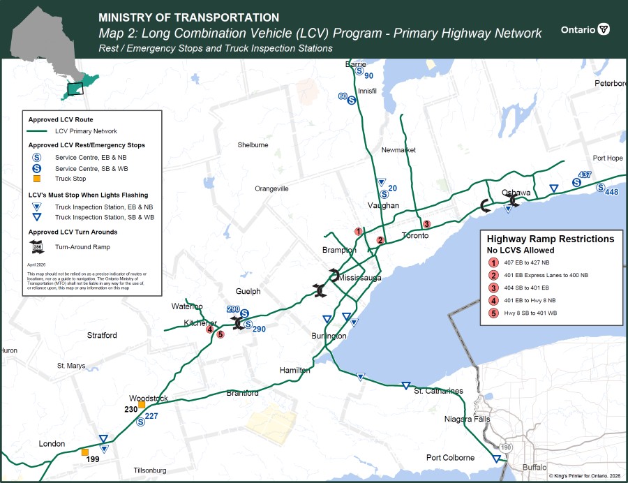Map 1: Long Combination Vehicle (LCV) Program - Primary Highway Network for the Greater Toronto and Hamilton Area