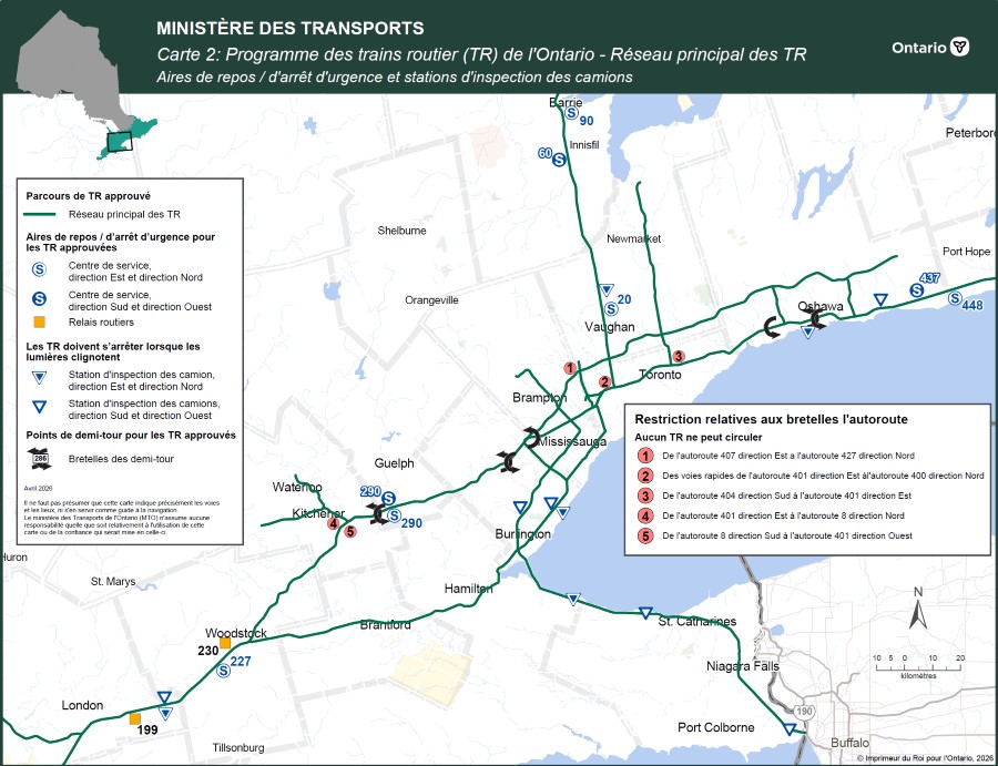 Carte 2 : Programme des trains routiers - Réseau routier principal de la région du Grand Toronto et de Hamilton.